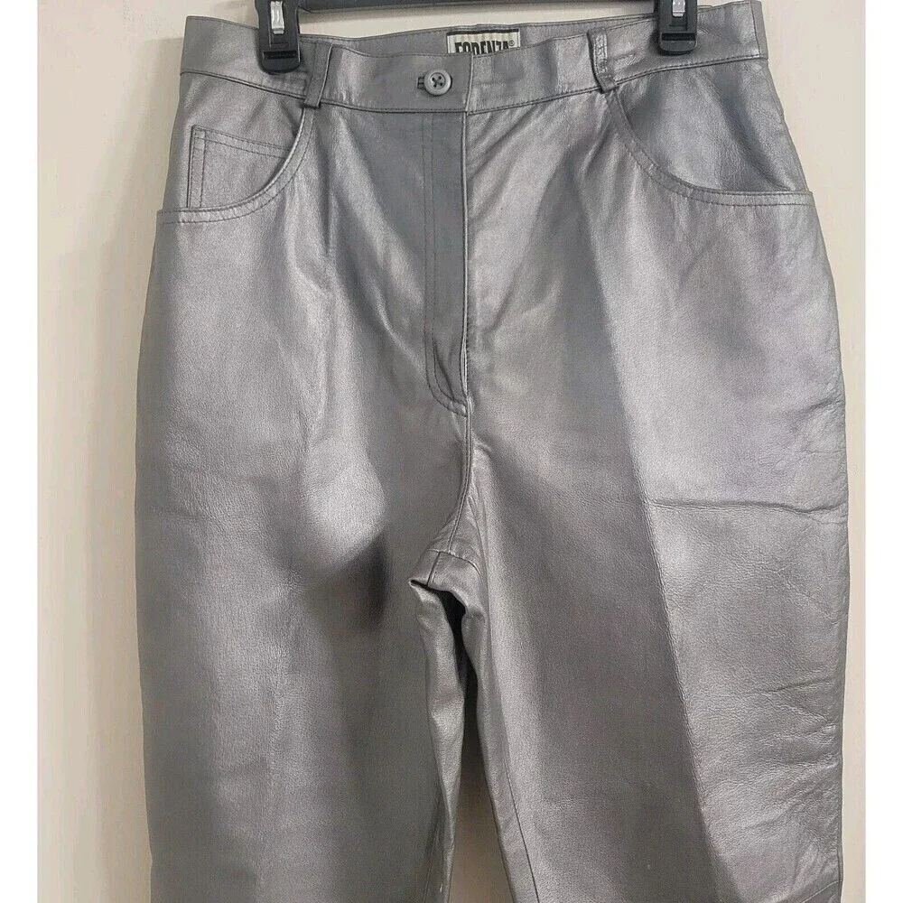 Vintage Forenza Size 16 Leather Pants  Silver Cigarette High Rise Disco - Picture 3 of 11